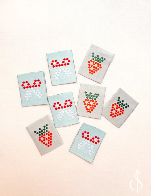 Mosaic Strawberry/Scissors Woven Labels by Minki Kim
