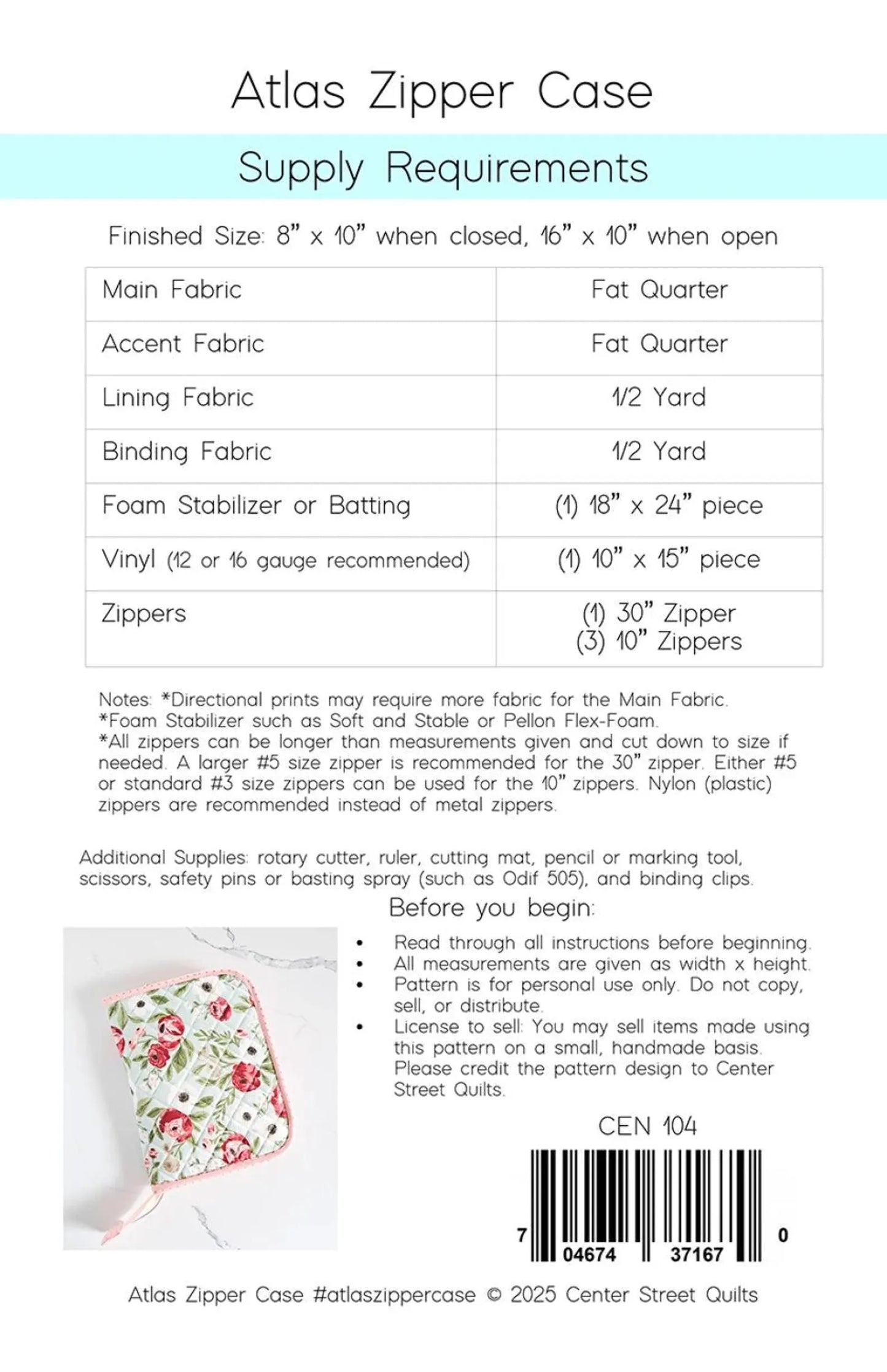 Atlas Zipper Case Paper Pattern - by Kristina of Center Street Quilts