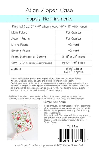 Atlas Zipper Case Paper Pattern - by Kristina of Center Street Quilts